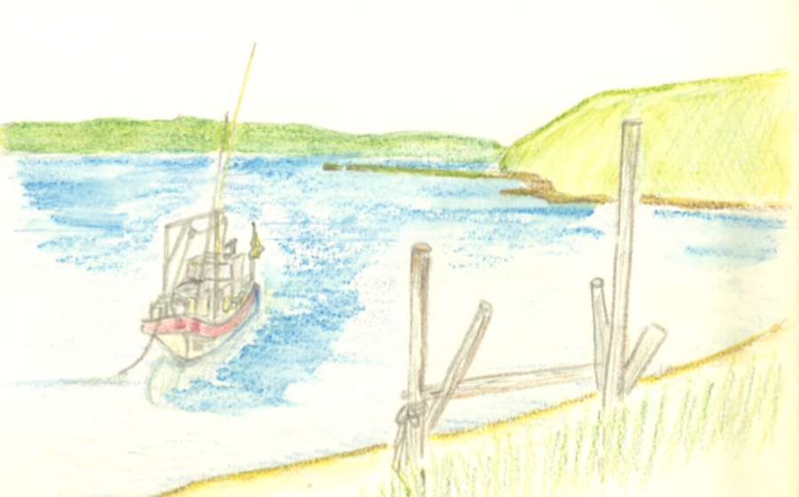 小川原湖面に浮かぶシジミ掻きの小舟